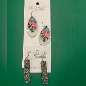 Leather Feather Earrings Genuine Leather Handcrafted Texas Glitter 2 pairs set